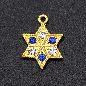 Alloy Rhinestone Pendants, Hexagram, Golden, Sapphire & Crystal, 17.5x13x2.5mm, Hole: 1.2mm