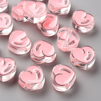 Transparent Enamel Acrylic Beads, Heart, Misty Rose, 20x21.5x9mm, Hole: 3.5mm