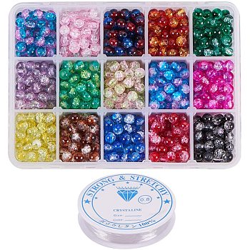 Spray Painted Crackle Glass Beads, Round, with Crystal Thread, Mixed Color, 6mm, Hole: 1.3~1.6mm, about 70pcs/color, about 1050pcs/box