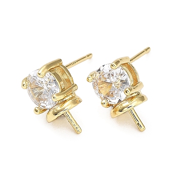 Brass Cubic Zirconia Stud Earring Findings, for Half Drilled Beads, Flat Round, Real 18K Gold Plated, 6mm, Pin: 0.9mm and 1mm