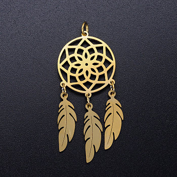 201 Stainless Steel Pendants, with Jump Rings, Woven Net/Web with Feather, Golden, 46x20x1mm, Hole: 3mm, Ring: 5x0.8mm