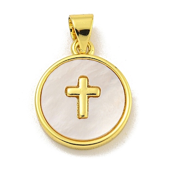 Rack Plating Brass Pave Nature Shell Cross Pendants, Flat Round Charms, Long-Lasting Plated, Lead Free & Cadmium Free, Real 18K Gold Plated, 16.5x13.5x2mm, Hole: 4x3mm