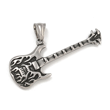 304 Stainless Steel Big Pendants, Guitar Charm, Antique Silver, 11x54x4mm, Hole: 9x5mm