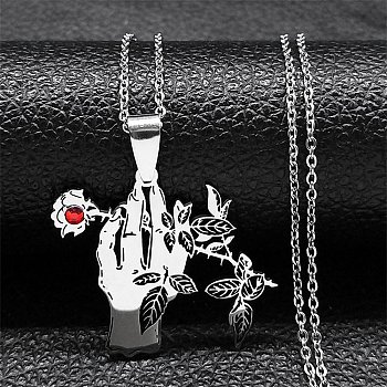 304 Stainless Steel Pendant Necklaces, Rose with Hand, Stainless Steel Color, 19.53 inch(49.6cm)