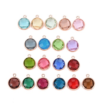 Glass Charms, with Rose Gold Plated Brass Findings, Long-Lasting Plated, Lead Free & Nickel Free & Cadmium Free, Faceted Flat Round, Mixed Color, 7x4x1.8mm, Hole: 0.8mm