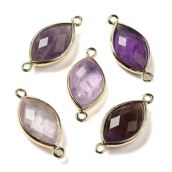 Natural Amethyst Faceted Connector Charms, Rack Plating Brass Horse Eye Links, Golden, 25x11.5x5.5mm, Hole: 1.6mm