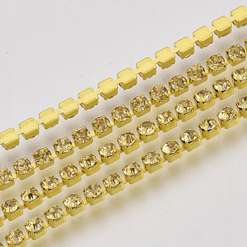 Electrophoresis Iron Rhinestone Strass Chains, Rhinestone Cup Chains, with Spool, Citrine, SS12, 3~3.2mm, about 10yards/roll