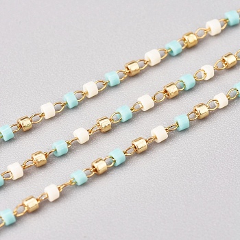 3.28 Feet Handmade Glass Seed Beaded Chains, with Stainless Steel Cable Chains, Unwelded, Turquoise, Golden, 1x0.9mm