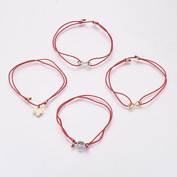 (Jewelry Parties Factory Sale)Adjustable Nylon Cord Multi-strand Bracelets, with 304 Stainless Steel Findings, Mixed Shapes, Red, 5-1/8 inch(13cm)~10-5/8 inch(27cm)