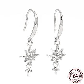 Rhodium Plated 925 Sterling Silver Earring Hooks, with Clear Cubic Zirconia, Star, for Half Drilled Beads, Platinum, 29mm, 21 Gauge, Pin: 0.7mm and 0.6mm, Tray: 6x3mm