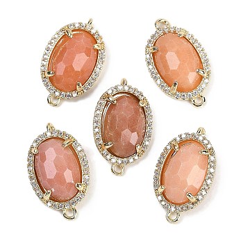 Natural Sunstone Faceted Oval Links, Rack Plating Brass Micro Pave Clear Cubic Zirconia Connector Charms, Golden, 21x12.5x5mm, Hole: 1.6mm and 1.4mm