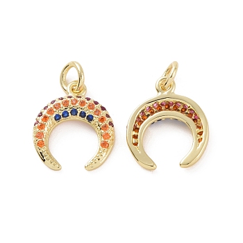 Brass Micro Pave Colorful Cubic Zirconia Charms, with Jump Ring, Double Horn/Crescent Moon, Real 18K Gold Plated, 14x12x3mm, Hole: 3.2mm