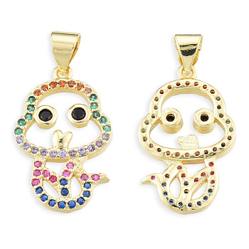 Brass Micro Pave Cubic Zirconia Pendants, with Brass Snap on Bails, Nickel Free, Real 18K Gold Plated, Fish Charm, Colorful, 22x13.5x2.5mm, Hole: 3.5x4mm
