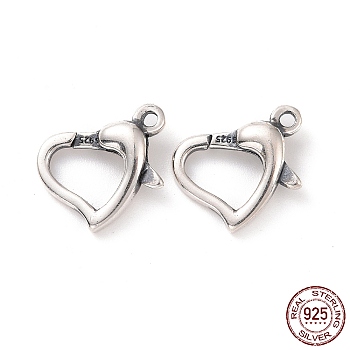 925 Sterling Silver Lobster Claw Clasps, Heart, Antique Silver, 10x11.5x3.5mm, Hole: 1.2mm, Inner Diameter: 5.5X6.5mm