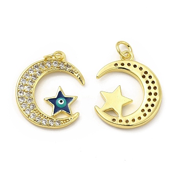 Brass Micro Pave Cubic Zirconia Pendants, with Jump Ring, with Enamel Evil Eye, Moon & Star Charm, Golden, 21x17x2.5mm, Hole: 2.5mm