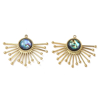 Natural Paua Shell Pendants, 304 Stainless Steel Sun Charms, Real 18K Gold Plated, Ion Plating(IP), Colorful, 31x40x3.5~4mm, Hole: 1.8mm
