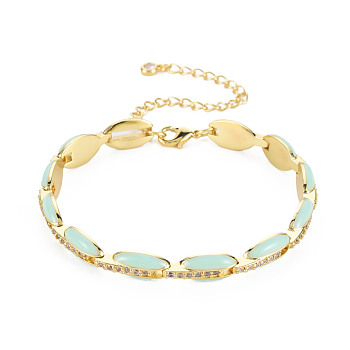Brass Micro Pave Cubic Zirconia Link Chain Bracelet for Women, Enamel Oval Bracelets, Nickel Free, Real 18K Gold Plated, Aqua, 6-7/8 inch(17.5cm), 7mm