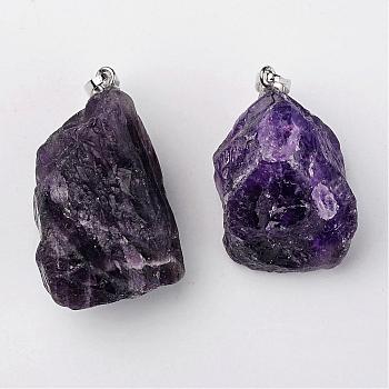 Natural Amethyst Pendants, Nuggets, with Brass Findings, Platinum, 26~42x20~26x14~22mm, Hole: 5x8mm