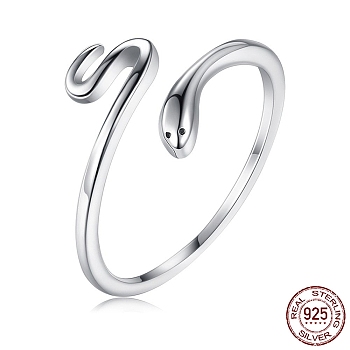 Rhodium Plated 925 Sterling Silver Cuff Rings, Open Rings, with Cubic Zirconia, Snake, Platinum