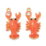 304 Stainless Steel Enamel & Glitter Powder Pendants, Shrimp Charms, with Rhinestone, Ion Plating(IP), Real 18K Gold Plated, Coral, 22x10x4.5mm, Hole: 1.4mm(STAS-Q119-07G-01)