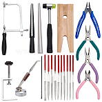 Jewelry Tool Sets, Including Carbon Steel Wire Flush Cutters, 45# Carbon Steel Jewelry Pliers, Iron Hammer & Diamond Files, Iron & Alloy Saw, Wood Board, Ring Sizer Mandrel, Tweezers, Mixed Color, 128x79x13mm(TOOL-UN0001-83)