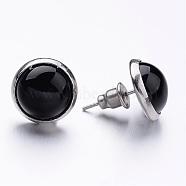 304 Stainless Steel Stud Earrings, with Natural Agate Cabochon, 16mm, Pin: 0.7mm(EJEW-JE02139-01)