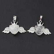 Natural Quartz Crystal Pendants, Rock Crystal Pendants, Heart Charms with Wings & Crown, with Platinum Tone Brass Crystal Rhinestone Findings, 26x35.5x8mm, Hole: 8x5mm(G-P492-02P-22)