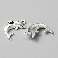 Tibetan Style Alloy Pendants, Dolphin with Heart Charms, Antique Silver, 25x17.5x4mm, Hole: 1.9mm(FIND-CJC0007-54)