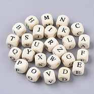 Printed Natural Wood Beads, Horizontal Hole, Cube with Initial Letter, PapayaWhip, Random Mixed Letters, 10x10x10mm, Hole: 3.5mm, about 1000pcs/500g(WOOD-T026-001)