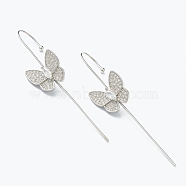 Brass Micro Pave Clear Cubic Zirconia Ear Wrap Crawler Hook Earrings, Butterfly, Platinum, 56x13.5mm, Pin: 1mm(EJEW-J101-17P)