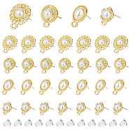 32Pcs 4 Style Alloy Flat Round Stud Earring Findings, with Plastic Pearl Beaded & 925 Sterling Silver Pins & Horizontal Loops, with 50Pcs Plastic Ear Nuts, Golden, 10.5~15.5x7.5~12.5x4~7mm, Hole: 1~2mm, Pin: 0.6mm, 8Pcs/style(FIND-DC0003-70)