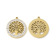 Vacuum Plating 201 Stainless Steel Rhinestone Pendants, Flat Round with Tree of Life Pattern Charms, Real 18K Gold Plated, Crystal, 16.5x15x1.5mm, Hole: 0.9mm(STAS-J401-VC778)