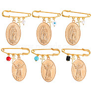 6Pcs 6 Style Religion Virgin Mary Alloy Charm Brooches, Iron Kilt Pins, Golden, 60mm, 1pc/style(JEWB-AB00021)