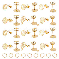 24Pcs 6 Style Ion Plating(IP) 304 Stainless Steel Flat Round Stud Findings, with Ear Nuts/Earring Backs and Hole, with 24Pcs Open Jump Rings, Golden, 8~11.5mm, Hole: 1.2~1.8mm, Pin: 0.8mm, 4Pcs/style(STAS-UN0050-65)
