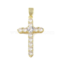 Real 18K Gold Plated Brass Micro Pave Cubic Zirconia Pendants, with Glass, Cross, Clear, 52x31x7mm, Hole: 4.2x7.3mm(KK-A209-07F-G)