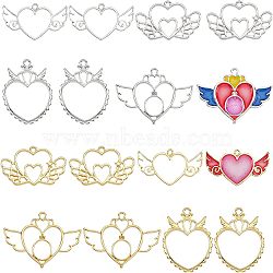 16Pcs 4 Style Alloy Open Back Bezel Big Pendants, For DIY UV Resin, Epoxy Resin, Pressed Flower Jewelry, Long-Lasting Plated, Heart with Wing, Golden & Silver, 21.5~38x32~49x2~4mm, hole: 1.8~2.6mm, 4pcs/style, 2 colors(FIND-OC0001-65)
