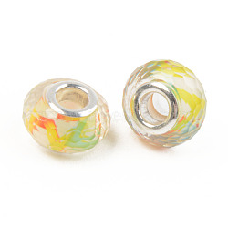 Resin European Beads, Large Hole Beads, with Silver Color Plated Brass Cores, Faceted, Rondelle, Yellow, 14x9mm, Hole: 5mm(RPDL-S010-29)