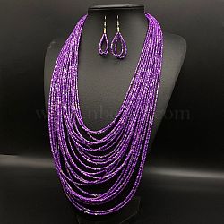 Ethnic Style Acrylic Seed Beaded Multilayer Necklaces & Teardrop Dangle Earrings Sets, Dark Orchid, 550mm(WGF31E6-02)