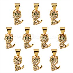 10Pcs Brass Micro Pave Clear Cubic Zirconia Pendants, Long-Lasting Plated, Cat, Real 18K Gold Plated, 18x8.5x2mm(KK-SZ0005-51)