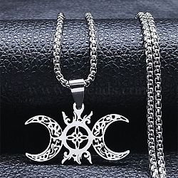 304 Stainless Steel Pendant Necklaces, Hollow Triple Moon Goddess, Stainless Steel Color, 23.46 inch(59.6cm)(NJEW-K253-29P)