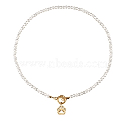 304 Stainless Steel Pendant Necklaces, with Acrylic Imitation Pearl Round Beads and Toggle Clasps, Dog Paw Print, White, Golden, 18.07 inch(45.9cm)(NJEW-SZ0001-28)