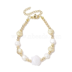 Natural Cultured Freshwater Pearl Link Bracelets, Summer Shell Shaped ABS Plastic Bracelets for Women, Golden, 9-1/4 inch(23.5cm)(BJEW-JB10345)