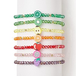 7Pcs 7 Style Glass Beaded Stretch Bracelets Set, Lemon & Kiwi & Pear & Apple & Pitaya & Orange Polymer Clay Stackable Bracelets for Women, Mixed Color, Inner Diameter: 2-1/8 inch(5.5cm), 1Pc/stye(BJEW-TA00230)