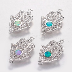 Brass Links connectors, with Synthetic Opal, Hamsa Hand/Hand of Fatima/Hand of Miriam, Platinum, Mixed Color, 20x13x2mm, Hole: 1mm(KK-I613-16P)