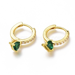 Brass Micro Pave Cubic Zirconia Huggie Hoop Earrings, Long-Lasting Plated, Ring with Heart, Golden, Green, 21mm, Pin: 1x0.7mm(ZIRC-H102-14A-G)