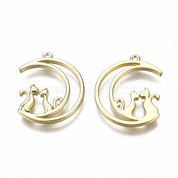 Rack Plating Alloy Pendants, Cadmium Free & Lead Free, Hollow, Moon with Cat, Light Gold, 26x21x2mm, Hole: 1.2mm(PALLOY-N175-19LG)