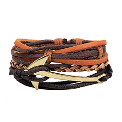 Multi-strand Bracelets, Stackable Bracelets, with Imitation Leather, Waxed Cotton Cord and Hemp Rope, Anchor, Golden, Colorful, 60mm(2-3/8 inches); 3strands/set(BJEW-N0011-016)