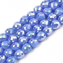 Electroplate Opaque Solid Color Glass Beads Strands, AB Color Plated, Faceted, Strawberry, Cornflower Blue, 6x6mm, Hole: 1.4mm, about 100pcs/strand, 24.02 inch(61cm)(EGLA-N002-26-A03)