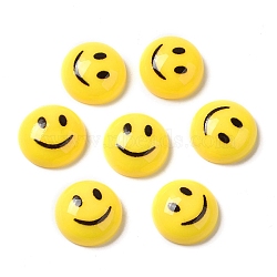 Opaque Resin Cabochons, Half Round with Smiling Face Print, Yellow, 14x5.5mm(RESI-H150-01)