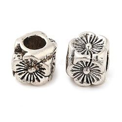 Tibetan Style Alloy Beads, Cadmium Free & Lead Free, Cube with Flower Pattern, Antique Silver, 6x6x6mm, Hole: 3mm, about 1351pcs/1000g(FIND-G059-01C-AS)